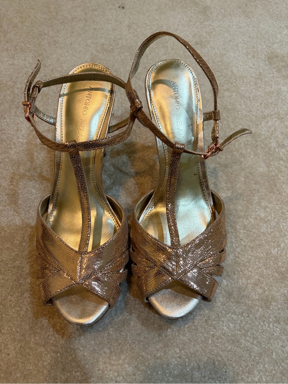 ANTONIO MELANI Metallic Bronze T-Strap Peep Toe Heels